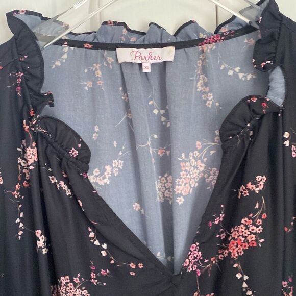 Parker Floral Plum Blossom Smocked Waist Dress Tie Neck Elastic XS - Picture 5 of 9